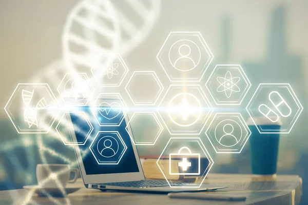 Desktop computer background and DNA drawing. Double exposure. Science concept. — Stock Photo, Image