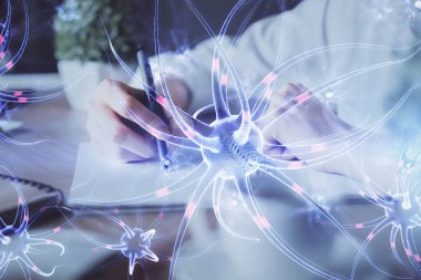 El üstünde tutulan nöron hologramı. Araştırma ve öğrenim kavramı. Çift pozlama