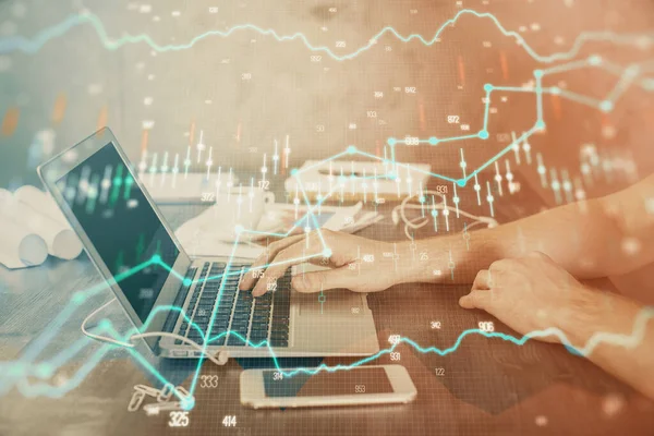 Double exposure of forex chart with man working on computer on background. Concept of market analysis. — Stock Photo, Image