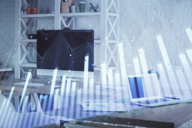 Finansal grafik çizimine ve ofis içi arka planına çifte maruz kalma. Borsa konsepti.