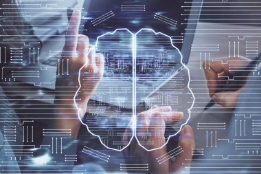 Kadın ve erkeğin birlikte çalıştığı ve beyinlerinin hologram çekerken çift pozlama. Zihinsel beyin fırtınası konsepti. Bilgisayar arkaplanı.