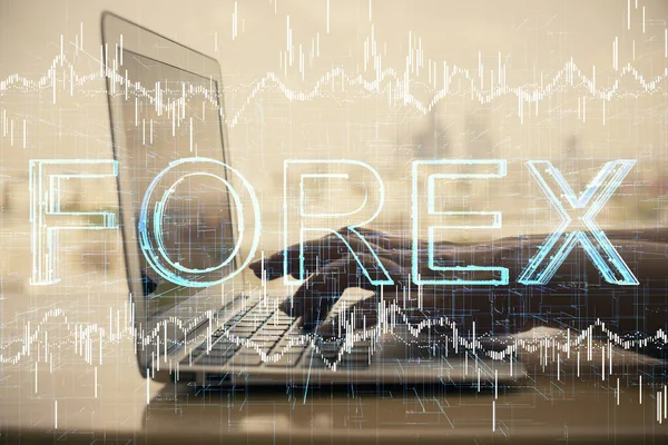 Podwójna ekspozycja kobiecych rąk na komputerze i rysunku hologramu forex chart. Koncepcja inwestowania na giełdzie. — Zdjęcie stockowe