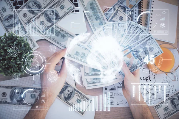 Multi exposure of financial graph drawing hologram and USA dollars bills and man hands. Analysis concept. — Stock Photo, Image