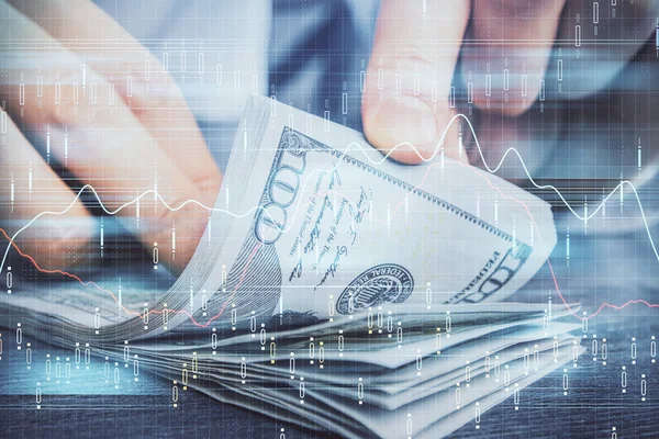 Multi blootstelling van forex grafiek tekenen hologram en Amerikaanse dollars biljetten en man handen. Technisch analyseconcept. — Stockfoto