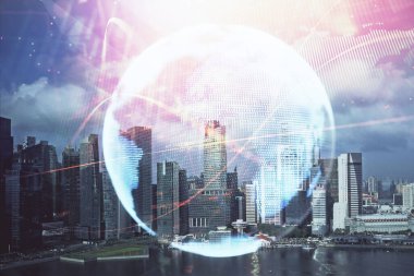 İş temalı hologram çizimine ve şehrin arka planına çifte maruz kalma. Başarı kavramı.