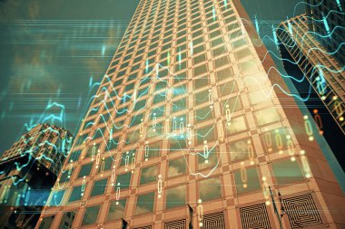 Yüksek binaların arka planında çoklu pozlama olan eski şehir haritası. Finansal araştırma kavramı.