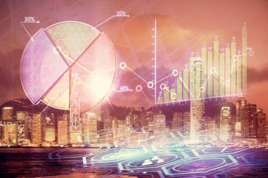 Cityscape arka plan üzerinde forex grafik çizimleri çoklu pozlama. Başarı kavramı.