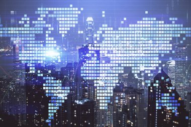 İş temalı hologram çizimine ve şehrin arka planına çifte maruz kalma. Başarı kavramı.