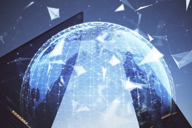 İş temalı hologram çizimine ve şehrin arka planına çifte maruz kalma. Başarı kavramı.