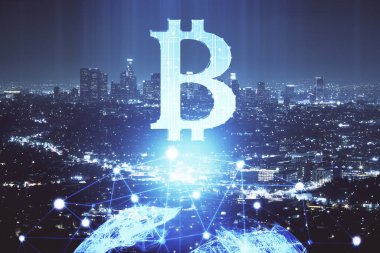 Kripto para birimi temalı hologram çizimine ve şehrin arka planına çoklu maruz kalma. Engelleme zinciri ve bitcoin kavramı.