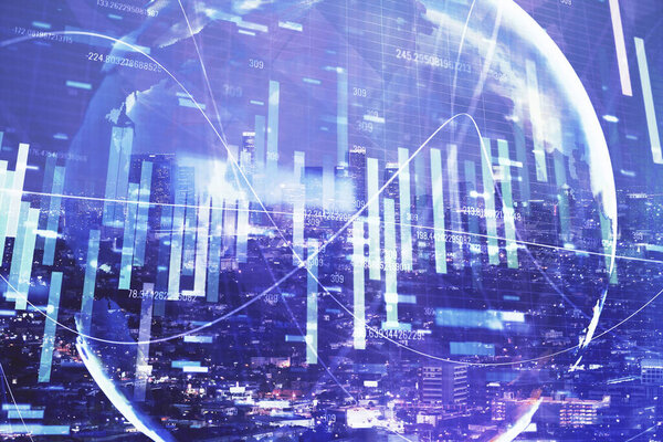 Double exposure of business theme hologram drawing and city veiw background. Concept of success.