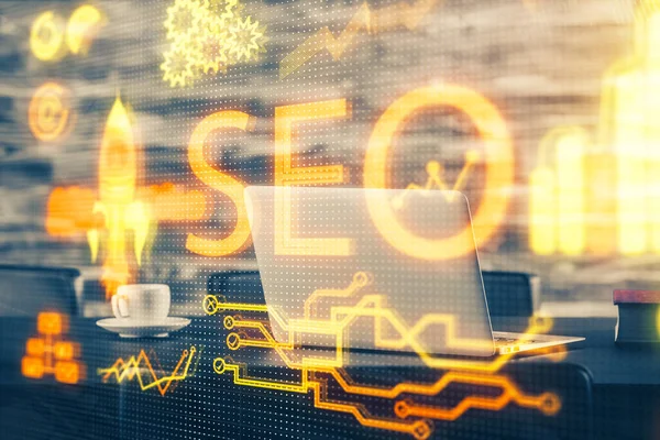 Двойная экспозиция таблицы с компьютером и хэштегом SEO. Концепция оптимизации поиска. — стоковое фото