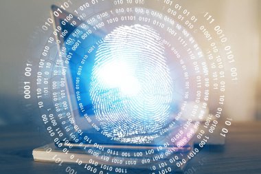 Ofisteki bilgisayarın parmak izi çizimi. Çifte maruziyet. İş veri güvenliği kavramı.