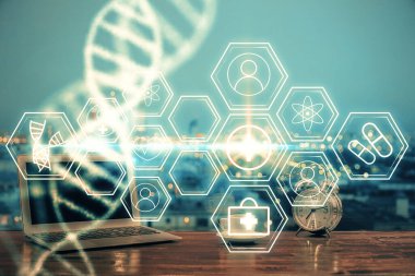 Masaüstü bilgisayar arkaplanı ve DNA çizimi. Çifte maruziyet. Bilim konsepti.