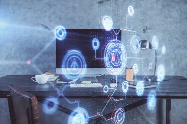 Teknoloji temalı çizim ve bilgisayarlı masa. Çifte maruziyet. Bilgi kavramı.