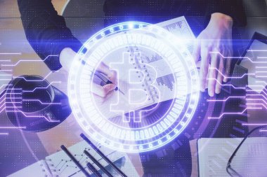 Şifreli para hologramı, kadınların el yazısı üzerine. Engelleme zinciri kavramı. Çift pozlama