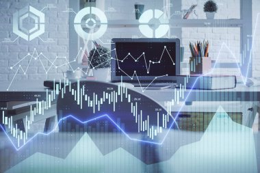Finansal grafik çizimine ve ofis içi arka planına çifte maruz kalma. Borsa konsepti.