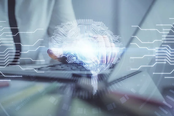 Multi exposición de las manos de la mujer que trabajan en el dibujo del holograma de la computadora y del cerebro humano. Concepto de tecnología Ai. —  Fotos de Stock