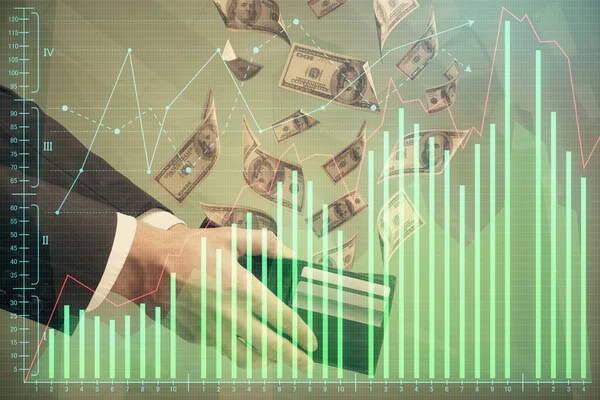 Multi blootstelling van de financiële grafiek tekenen hologram en Amerikaanse dollars rekeningen en man handen. Analyse concept. — Stockfoto