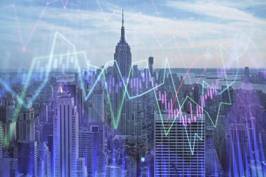 Gökdelenler arka planda çift pozlama ile şehir görünümünde eski grafik. Mali analiz kavramı.