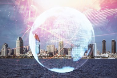 İş temalı hologram çizimine ve şehrin arka planına çifte maruz kalma. Başarı kavramı.