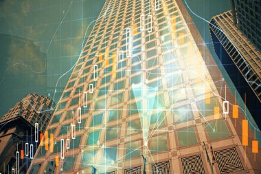 Yüksek binaların arka planında çoklu pozlama olan eski şehir haritası. Finansal araştırma kavramı.