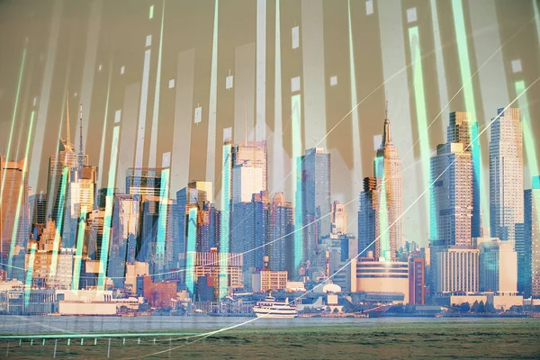 Gráfico Forex en vista de la ciudad con rascacielos fondo doble exposición. Concepto de análisis financiero . — Foto de Stock