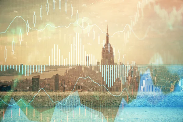 Forex graph on city view with skyscrapers background multi exposure. Financial analysis concept. — Stock Photo, Image