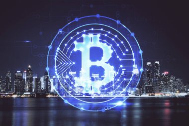 Kripto para birimi temalı hologram çizimine ve şehrin arka planına çoklu maruz kalma. Engelleme zinciri ve bitcoin kavramı.