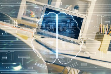 Bilgisayar ve insan beyninin hologram çizdiği çalışma alanının iki katına çıkarılması. Beyin fırtınası konsepti.