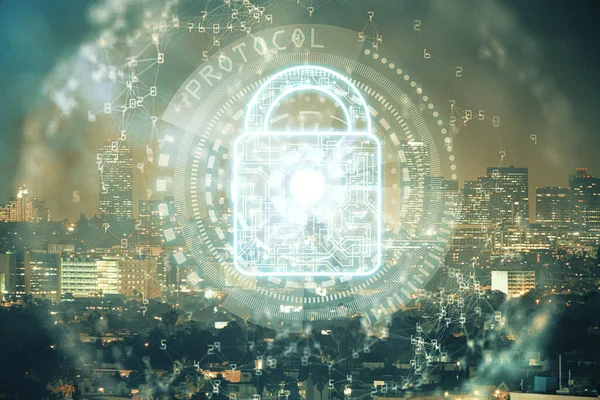 Lock Symbol Hologramm auf Stadtansicht mit Wolkenkratzern Hintergrund Mehrfachbelichtung. Datensicherheitskonzept. — Stockfoto