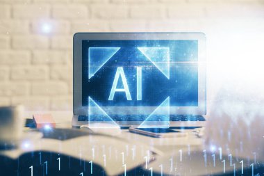 Masaüstü bilgisayar ve teknoloji temalı holograma çoklu maruz kalma. Yazılım geliştirme kavramı.