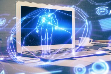 Masaüstü bilgisayar geçmişi ve eğitim teması çizimi. Çifte maruziyet. Konsept çalış.