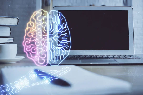 Doble exposición de la mesa de trabajo con el holograma de la computadora y del cerebro. Concepto de lluvia de ideas . — Foto de Stock