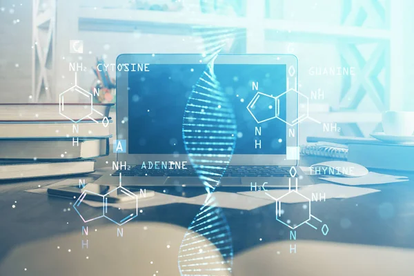 데스크톱 컴퓨터 배경과 DNA 그 리기입니다. 두 번 노출. 과학 개념. — 스톡 사진