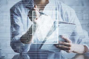 Not alan ellerin üzerinde mavi parmak izi hologramı. Güvenlik kavramı. Çift pozlama