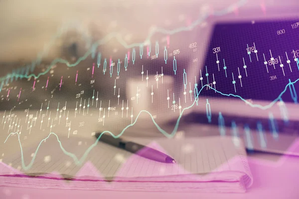 Double exposure of financial graph drawings and desk with open notebook background. Concept of forex market — Stock Photo, Image