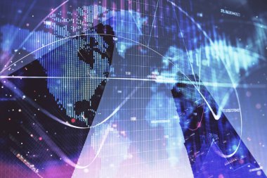 İş temalı hologram çizimine ve şehrin arka planına çifte maruz kalma. Başarı kavramı.