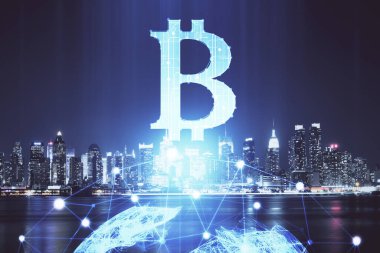 Kripto para birimi temalı hologram çizimine ve şehrin arka planına çoklu maruz kalma. Engelleme zinciri ve bitcoin kavramı.
