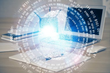 Ofisteki bilgisayarın parmak izi çizimi. Çifte maruziyet. İş veri güvenliği kavramı.