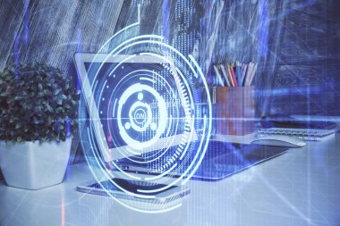 Bilgisayarın arka plan ve teknoloji temalı çizimlerine çoklu maruz kalma. Yenilik kavramı.