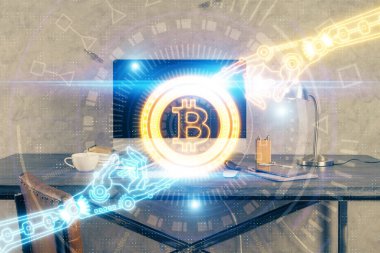 Engelleme zinciri ve kripto ekonomi temalı hologram ve bilgisayar geçmişi olan bir masa. Bitcoin kripto para kavramı.