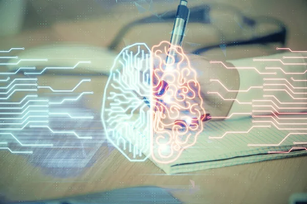 Multi exposure of womans writing hand on background with brain hologram. Concept of brainstorming. — Stock Photo, Image