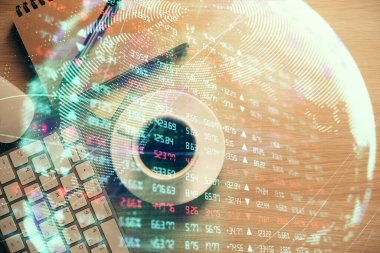 İş teması çizimi ve çalışma masasının üst veiw 'i. Uluslararası finans kavramı.