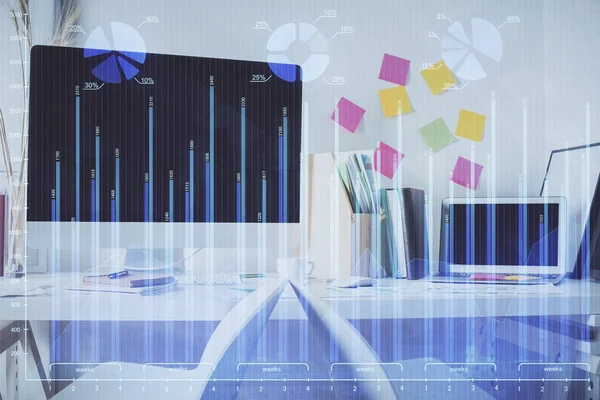 Double exposure of financial graph drawing and office interior background. Concept of stock market.