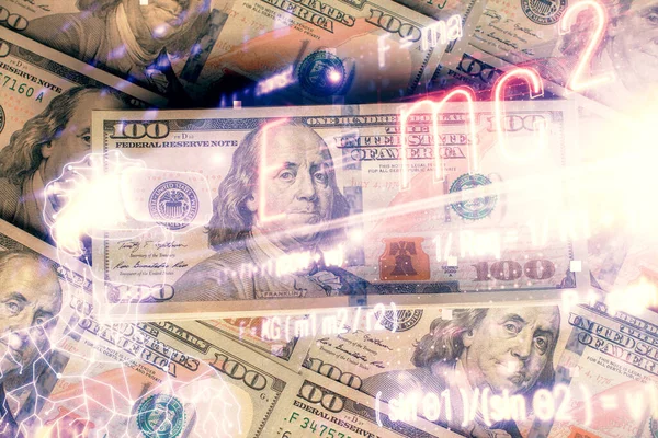Double exposure of formula drawing over usa dollars bill background. Concept of education. — Stock Photo, Image