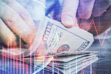 Forx grafiği, hologram, Amerikan dolarları ve insan eli çizimleri. Teknik Analiz kavramı.