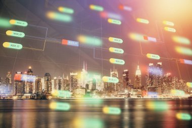 Veri temalı hologram gökdelenler arka planda çoklu pozlama ile şehir görünümüne çizim yapıyor. Ai kavramı.