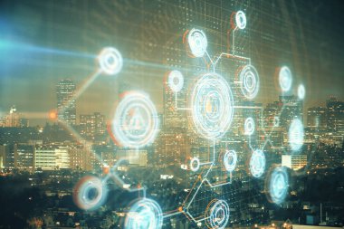 Veri temalı hologram gökdelenler arka planda çoklu pozlama ile şehir görünümüne çizim yapıyor. Ai kavramı.