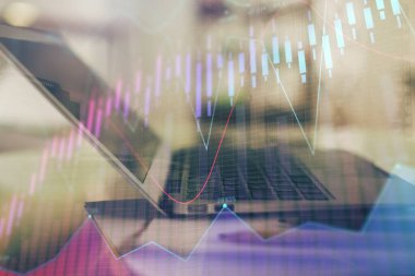 Bilgisayar geçmişi olan eski grafik hologramı. Çifte maruziyet. Finans piyasası kavramı.